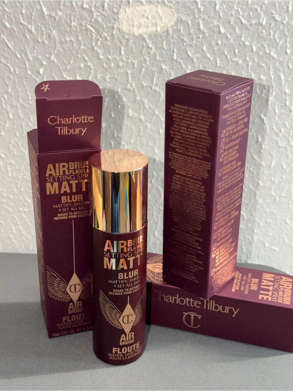 Charlotte Tilbury Matte Blur Setting Spray - Burgundy Packaging